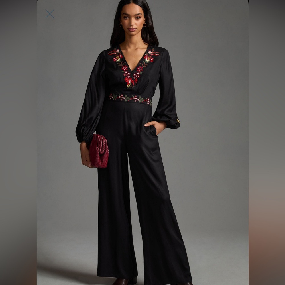 FARM Rio Black Jumpsuit with Red Embroidery